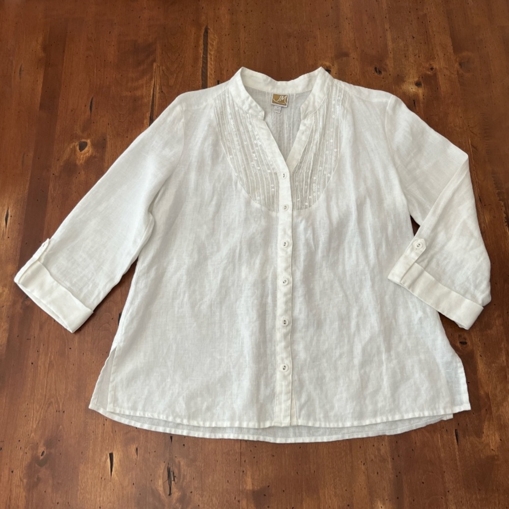 JM Collection Eggshell White Button Front‎ Linen Blouse